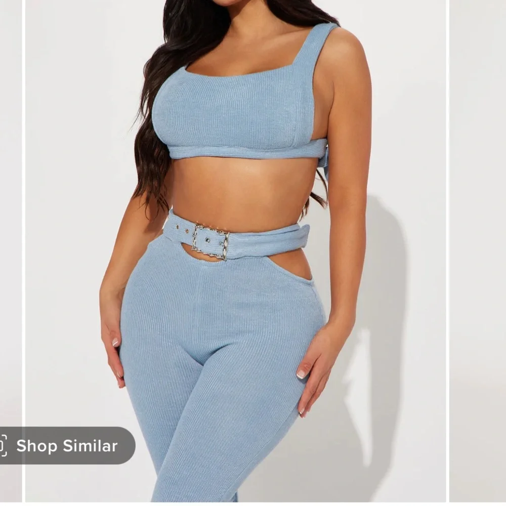 Fashion Nova Light Blue Ribbed Cutout Boot Flare Pants - Picture 2 of 5